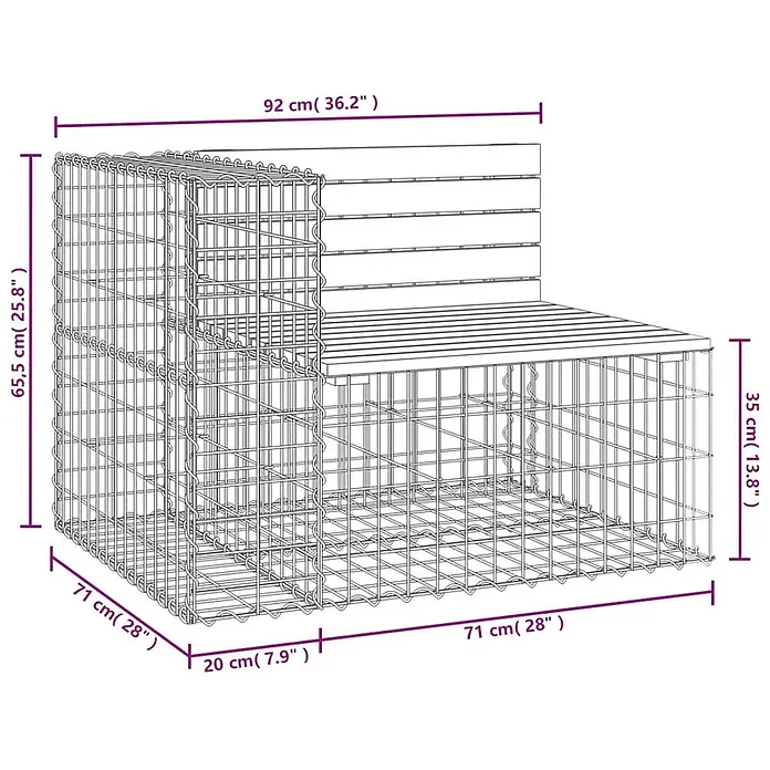 Furnicato Gartenbank Kiefernholz-Massivholz - B x T x H: 92 x 71 x 65,5 cm, Natürliche Kiefer - Gabionenbank mit Drahtgeflechtrahmen und Sitz- und Rückenlehne aus Holzlatten.