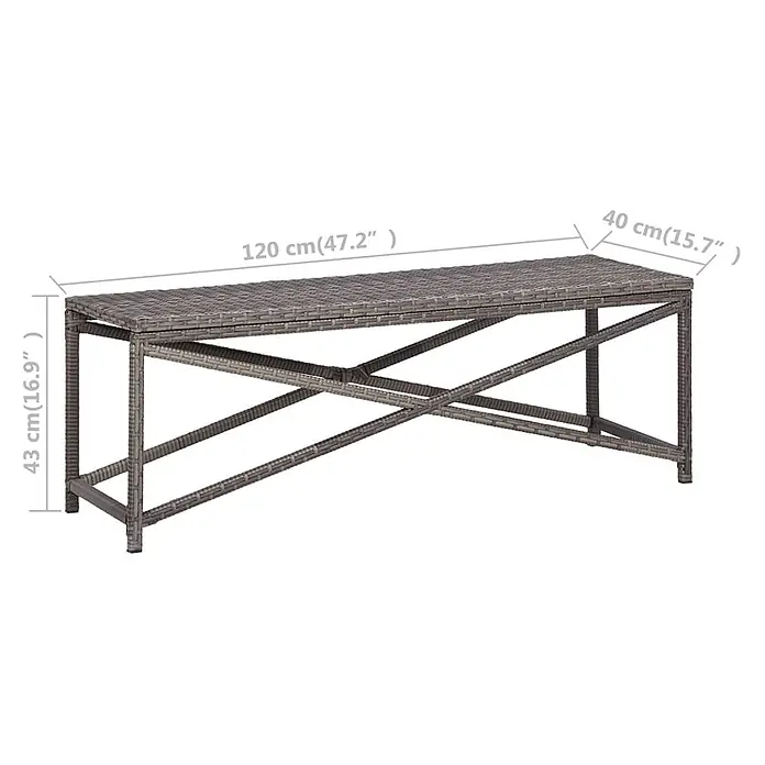 Furnicato Gartenbank PE-Rattan - B x T x H: 120 x 40 x 43 cm, Grau - Graue Rattan-Gartenbank mit Kreuzstrebenrahmen, 120x40x43 cm.