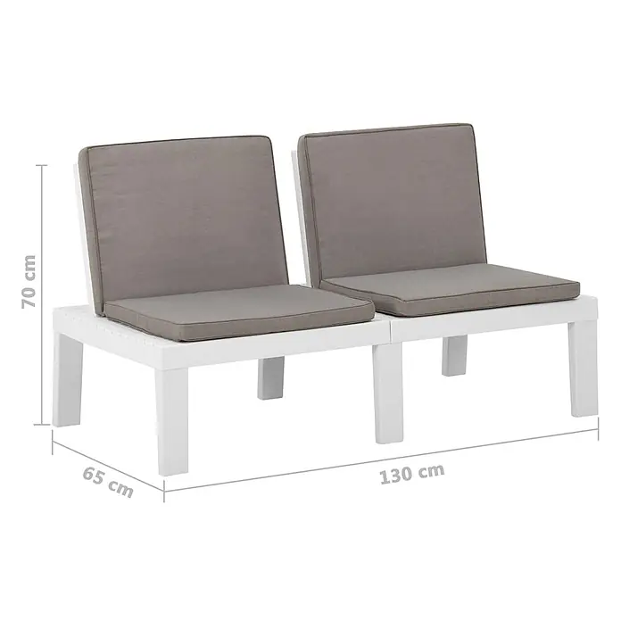 Furnicato Gartenbank Kunststoff Anthrazit - B x T x H: 130 x 65 x 70 cm, Weiß - Weiße Zweisitzer-Gartenbank mit grauen Kissen, für den Außenbereich geeignet.