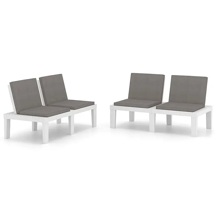 Furnicato Gartenbank Kunststoff Anthrazit - B x T x H: 130 x 65 x 70 cm, Weiß - Vier weiße Outdoor-Sessel mit grauen Kissen, in zwei Paaren für Gartenbereiche angeordnet.