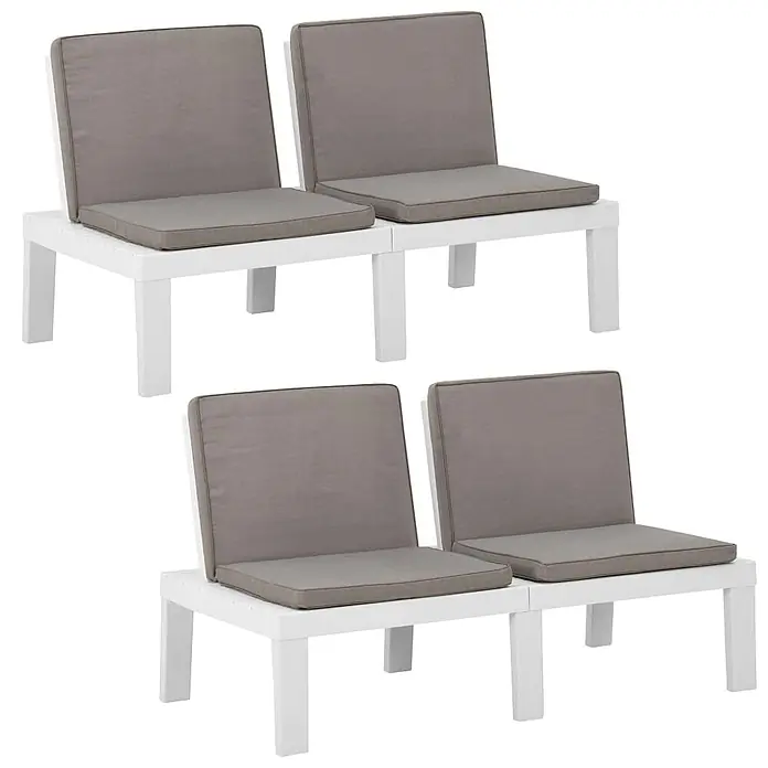 Furnicato Gartenbank Kunststoff Anthrazit - B x T x H: 130 x 65 x 70 cm, Weiß - Vier weiße Gartenstühle mit grauen Kissen, in zwei Paaren angeordnet.