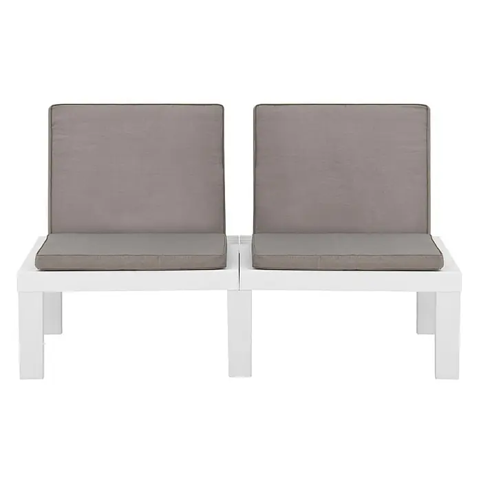 Furnicato Gartenbank Kunststoff Anthrazit - B x T x H: 130 x 65 x 70 cm, Weiß - Zwei weiße modulare Outdoor-Loungesessel mit grauen Polstern.