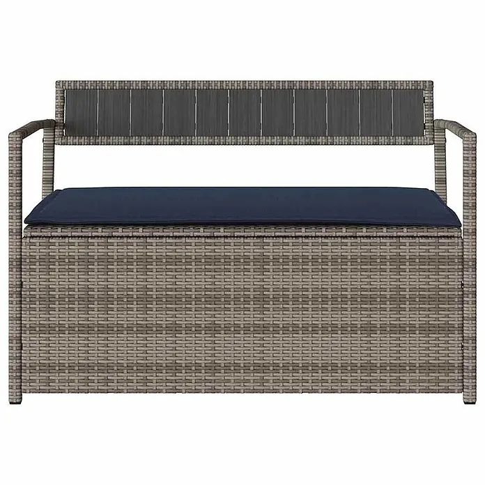 Furnicato Gartenbank PE-Rattan - B x T x H: 111,5 x 54 x 74 cm, Grau und Marineblau - Graue Polyrattan-Gartenbank mit dunkelblauem Kissen und Lattenrückenlehne.