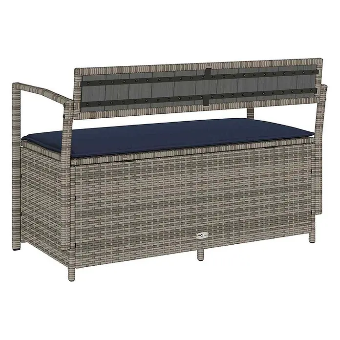 Furnicato Gartenbank PE-Rattan - B x T x H: 111,5 x 54 x 74 cm, Grau und Marineblau - Graue Outdoor-Aufbewahrungsbank aus Polyrattan mit dunkelblauem Kissen und Lattenrückenlehne.