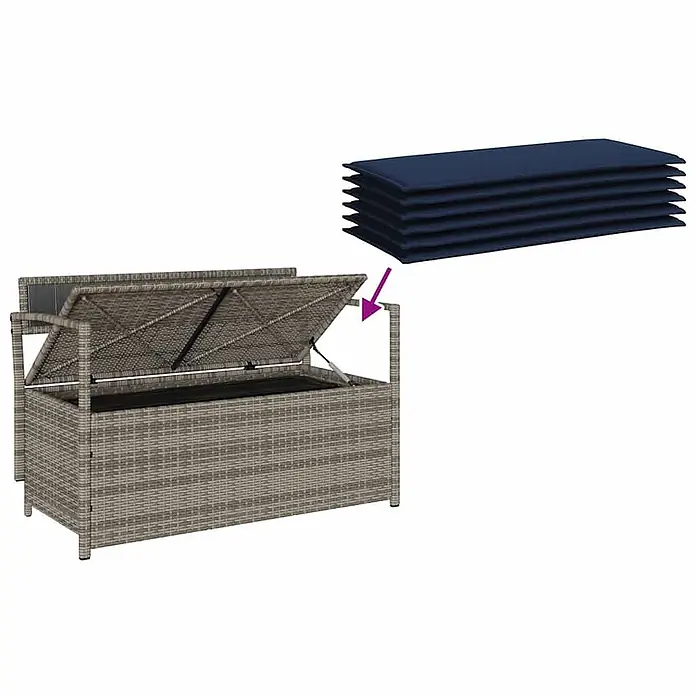 Furnicato Gartenbank PE-Rattan - B x T x H: 111,5 x 54 x 74 cm, Grau und Marineblau - Graue Rattan-Optik Aufbewahrungsbox mit offenem Deckel und einem Stapel blauer Kissen zur Aufbewahrung.