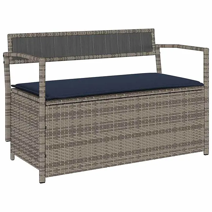Furnicato Gartenbank PE-Rattan - B x T x H: 111,5 x 54 x 74 cm, Grau und Marineblau - Grau-braune 2-Sitzer Gartenbank aus Polyrattan mit Stauraum, dunkelgrauer Rückenlehne und navyblauem Kissen.