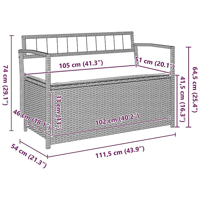 Furnicato Gartenbank - B x T x H: 111,5 x 54 x 74 cm, Grau und Marineblau - Rattan-Optik Garten-Sitzbank mit Stauraum und Kissen.