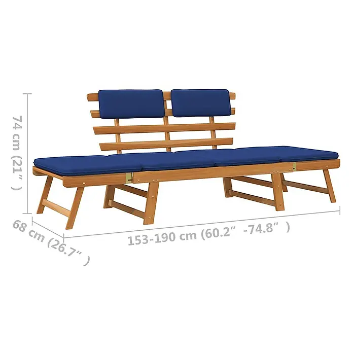 Furnicato Gartenbank Akazienholz Ölfinish - B x T x H: 190 x 68 x 74 cm, Braun und Blau - Verstellbare Gartenbank aus Holz mit blauen Kissen, umwandelbar zur Chaiselongue.