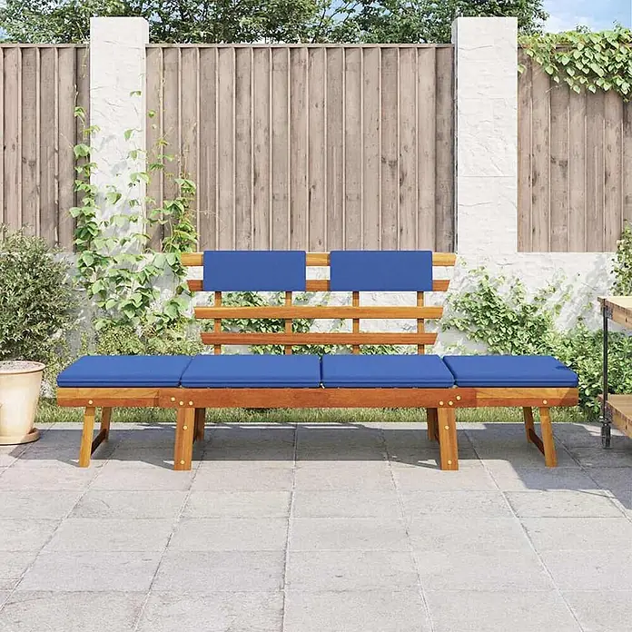 Furnicato Gartenbank Akazienholz Ölfinish - B x T x H: 190 x 68 x 74 cm, Braun und Blau - Gartenbank aus Holz mit drei blauen Sitzkissen und zwei blauen Rückenkissen, ideal für Sitzgelegenheiten auf der Terrasse.