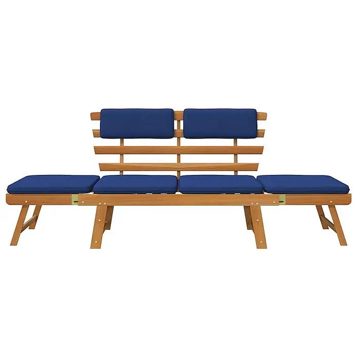 Furnicato Gartenbank Akazienholz Ölfinish - B x T x H: 190 x 68 x 74 cm, Braun und Blau - Lange Gartenbank aus Holz mit mehreren Abschnitten und blauen Sitz- und Rückenkissen.