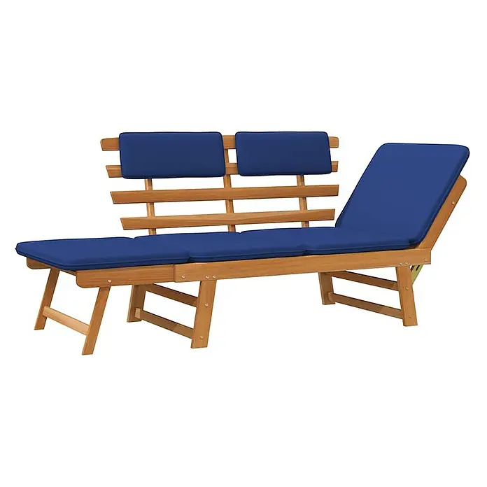 Furnicato Gartenbank Akazienholz Ölfinish - B x T x H: 190 x 68 x 74 cm, Braun und Blau - Gartenbank aus Holz mit blauen Polstern, als Chaiselongue mit einem ausgezogenen und einem geneigten Ende konfiguriert.