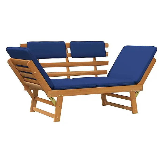 Furnicato Gartenbank Akazienholz Ölfinish - B x T x H: 190 x 68 x 74 cm, Braun und Blau - Verstellbares Holz-Tagesbett mit blauen Kissen und verstellbaren Rückenlehnen.