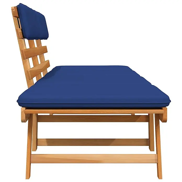 Furnicato Gartenbank Akazienholz Ölfinish - B x T x H: 190 x 68 x 74 cm, Braun und Blau - Gartenbank aus Holz mit Lattenrückenlehne und Sitzfläche, ausgestattet mit dicken blauen Kissen.
