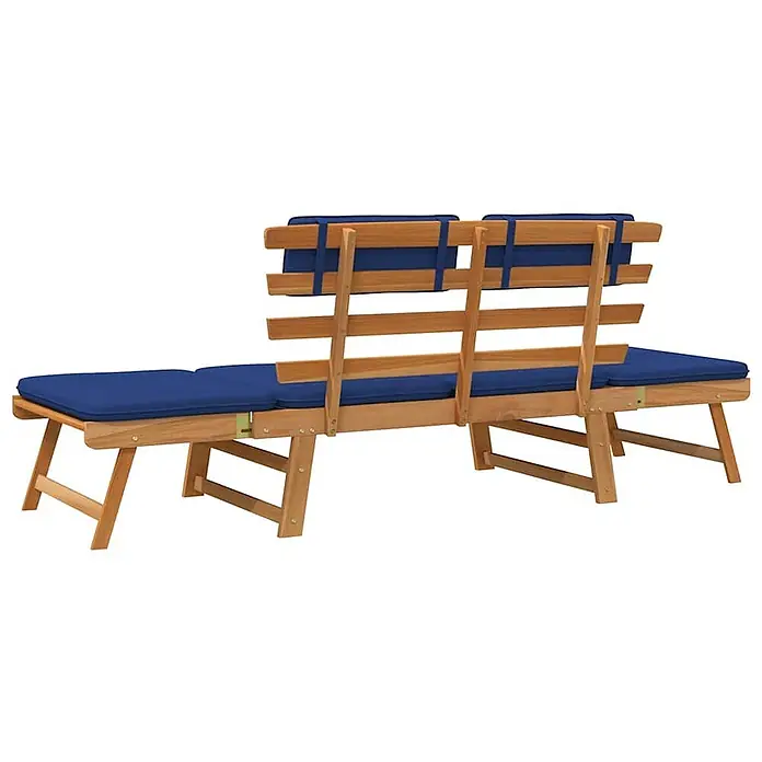 Furnicato Gartenbank Akazienholz Ölfinish - B x T x H: 190 x 68 x 74 cm, Braun und Blau - Gartenbank aus Holz mit blauen Polstern, ein Teil flach als Liege, zwei Teile mit Rückenlehnen.