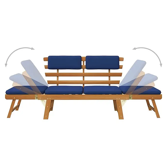 Furnicato Gartenbank Akazienholz Ölfinish - B x T x H: 190 x 68 x 74 cm, Braun und Blau - Gartenbank aus Holz mit blauen Kissen und verstellbaren Liegesitzen an den Enden.