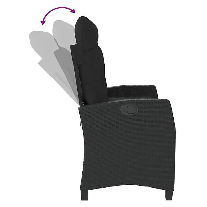 Furnicato Gartenbank - B x T x H: 105 x 90 x 83 cm, Schwarz - Schwarzer Rattan-Relaxstuhl mit verstellbarer Rückenlehne in mehreren Positionen dargestellt.