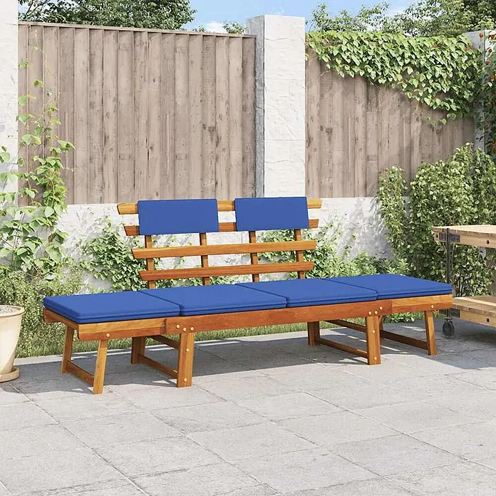 Furnicato Gartenbank Akazienholz Ölfinish - B x T x H: 190 x 68 x 74 cm, Braun und Blau - Lange Gartenbank aus Holz mit mehreren blauen Polstern für den Außenbereich.