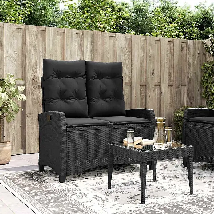 Furnicato Gartenbank - B x T x H: 105 x 90 x 83 cm, Schwarz - Schwarzes Rattan-Gartensofa-Set mit Kissen und Beistelltisch, ideal zum Entspannen im Garten oder auf der Terrasse.