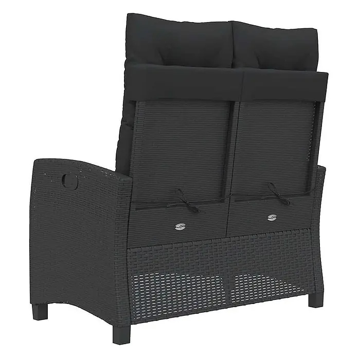 Furnicato Gartenbank PE-Rattan - B x T x H: 105 x 90 x 83 cm, Schwarz - Rückansicht eines schwarzen Rattan-Gartenliegestuhls mit schwarzen Kissen.