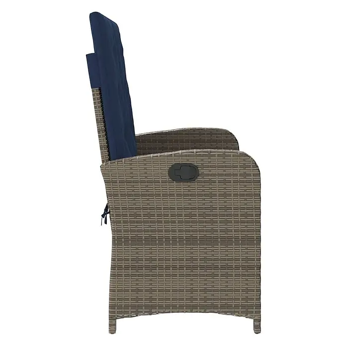Furnicato Gartenbank PE-Rattan - B x T x H: 105 x 86 x 83 cm, Grau - Seitenansicht eines braunen Rattan-Gartensessels mit blauer Auflage und schwarzem Liegegriff.
