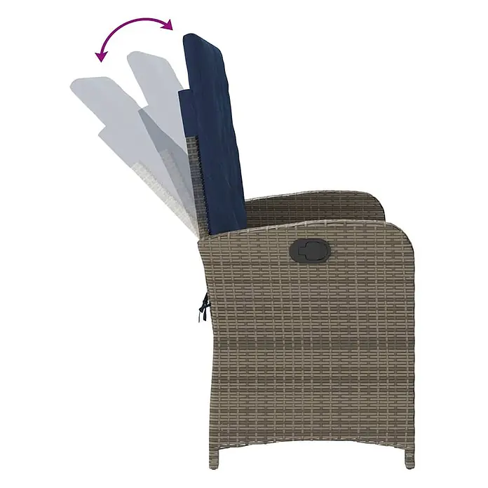 Furnicato Gartenbank PE-Rattan - B x T x H: 105 x 86 x 83 cm, Grau - Brauner Korbsessel mit blauem Kissen, zeigt verstellbare Rückenlehnenpositionen.