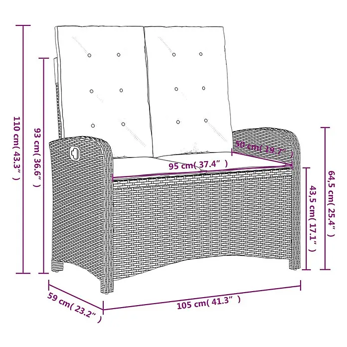 Furnicato Gartenbank - B x T x H: 59 x 86 x 93 cm, Grau - Geflochtene Rattan-Gartenbank mit Sitz- und Rückenkissen für zwei Personen.