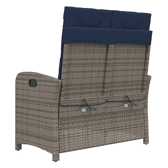 Furnicato Gartenbank PE-Rattan - B x T x H: 105 x 86 x 83 cm, Grau - Rückseite einer grauen Rattan-Zweisitzer-Gartenliege mit dunkelblauen, verstellbaren Rückenpolstern, mit Bändern befestigt.