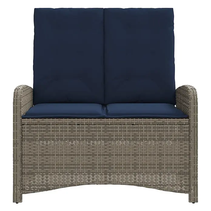Furnicato Gartenbank PE-Rattan - B x T x H: 105 x 86 x 83 cm, Grau - Zweisitzer-Gartensofa aus Rattan mit Armlehnen und dunkelblauen Sitz- und Rückenkissen.