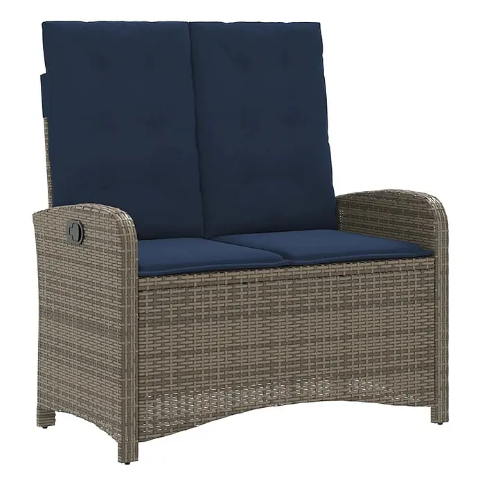 Furnicato Gartenbank PE-Rattan - B x T x H: 105 x 86 x 83 cm, Grau - Zweisitziges graubraunes Rattan-Garten-Liegesofa mit marineblauen Kissen.
