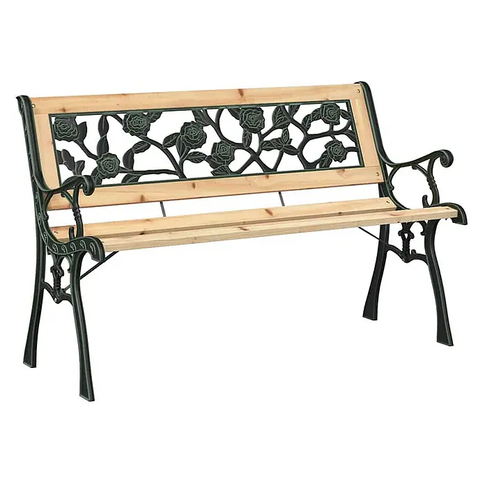 Furnicato Gartenbank Holz Anthrazit - B x T x H: 54 x 116 x 73 cm, Braun - Gartenbank mit dunkelgrünem Gusseisengestell, Rosenmuster in der Rückenlehne und hellen Holzlatten.