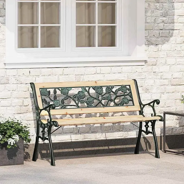 Furnicato Gartenbank Holz Anthrazit - B x T x H: 54 x 116 x 73 cm, Braun - Gartenbank für draußen mit hellem Holz und dunklem Metallgestell mit Rosenmotiven.