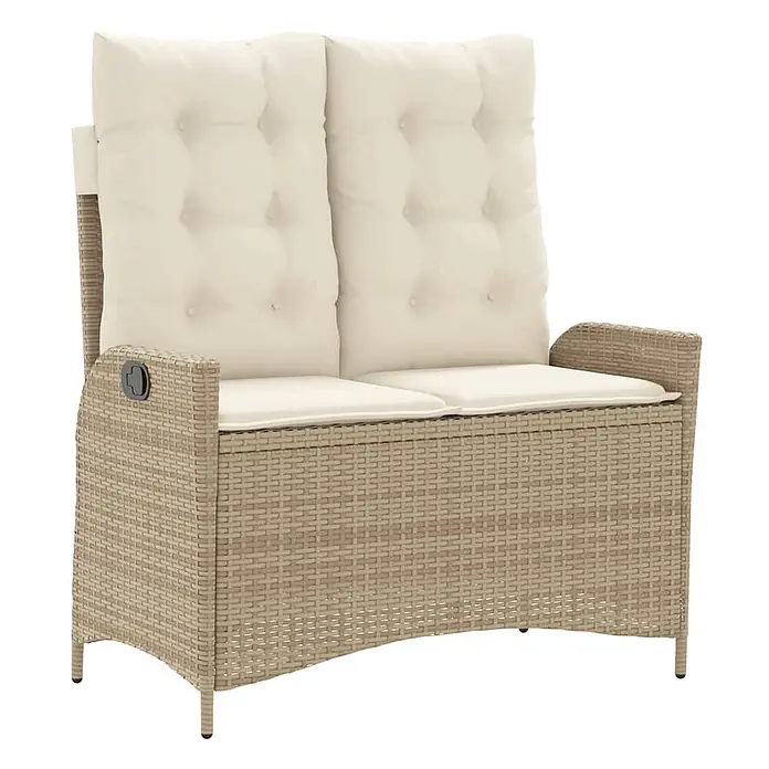 Furnicato Gartenbank - B x T x H: 59 x 86 x 93 cm, Beige und Creme - Beige Polyrattan-Gartenbank für zwei Personen mit cremefarbenen Kissen und verstellbaren Rückenlehnen.