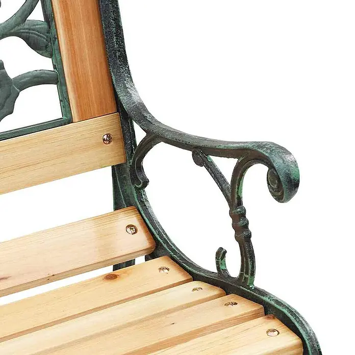 Furnicato Gartenbank Holz Anthrazit - B x T x H: 54 x 116 x 73 cm, Braun - Nahaufnahme einer Gartenbank mit dunkelgrünem Gusseisengestell und hellen Holzlatten.