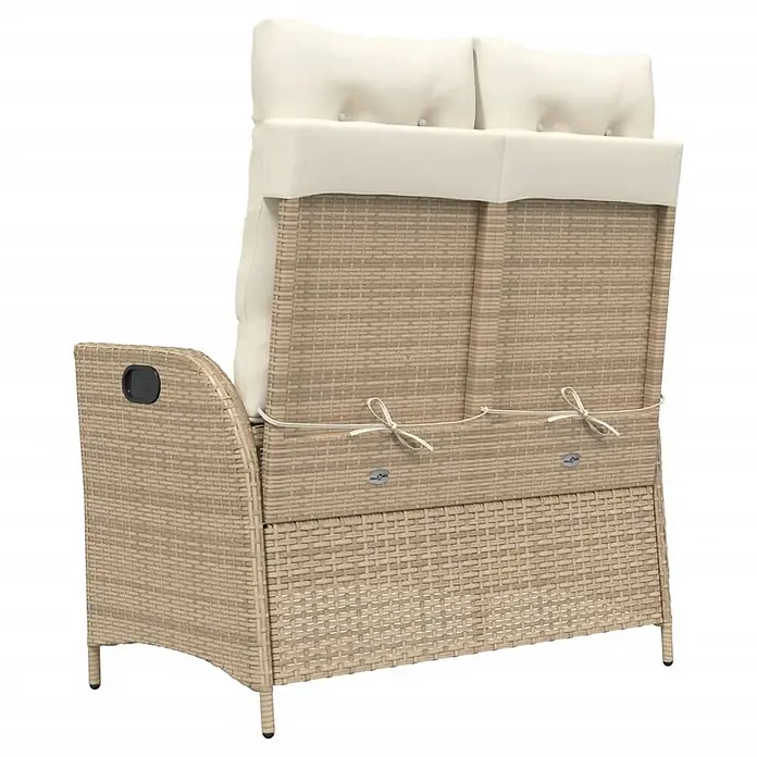 Furnicato Gartenbank - B x T x H: 59 x 86 x 93 cm, Beige und Creme - Rückansicht einer zweisitzigen beigen Rattan-Gartenbank mit cremefarbenen Kissen, mit Bändern befestigt.