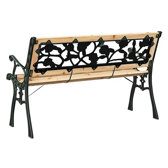 Furnicato Gartenbank Holz Anthrazit - B x T x H: 54 x 116 x 73 cm, Braun - Hölzerne Gartenbank mit dunkler, verzierter Metallrückenlehne und Gestell, von hinten gesehen.