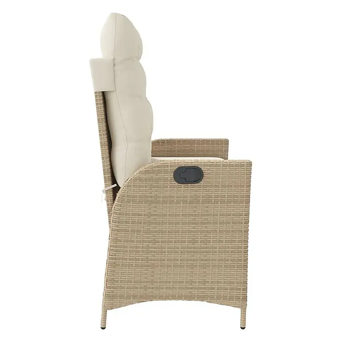 Furnicato Gartenbank - B x T x H: 59 x 86 x 93 cm, Beige und Creme - Seitenansicht eines beigen Rattan-Liegesessels mit cremefarbenem Kissen und schwarzem Neigungshebel.