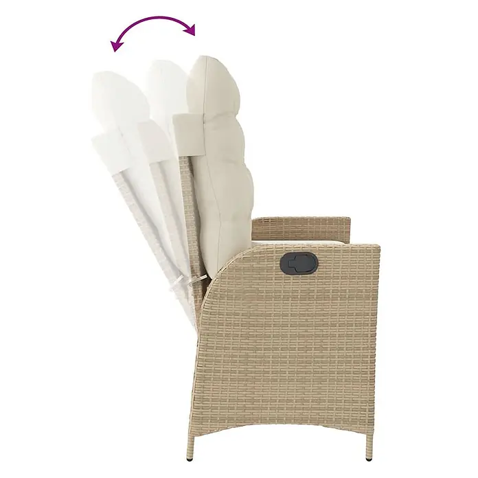 Furnicato Gartenbank - B x T x H: 59 x 86 x 93 cm, Beige und Creme - Beige Korbsessel mit cremefarbenen Kissen, der seine verstellbare Rückenlehne in verschiedenen Neigungspositionen zeigt.