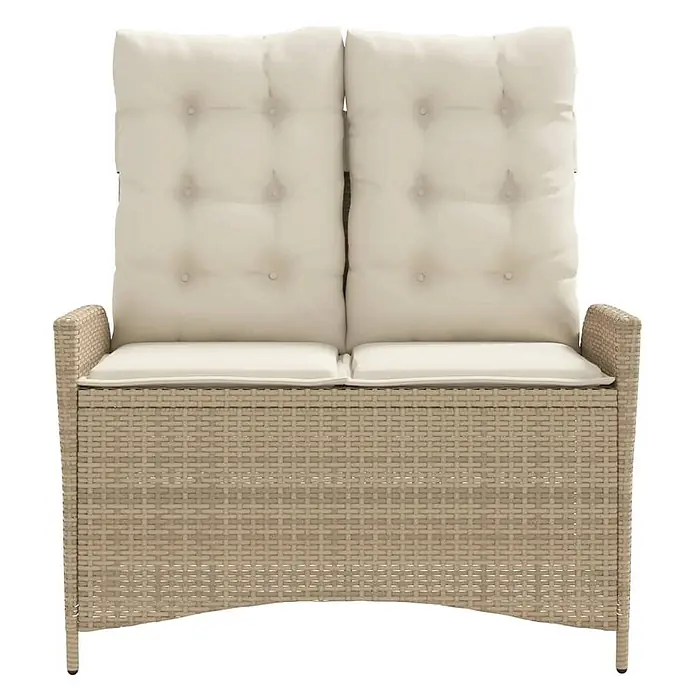 Furnicato Gartenbank - B x T x H: 59 x 86 x 93 cm, Beige und Creme - Beige geflochtene Rattan-Zweisitzer-Gartenbank mit cremefarbenen, getufteten Kissen.