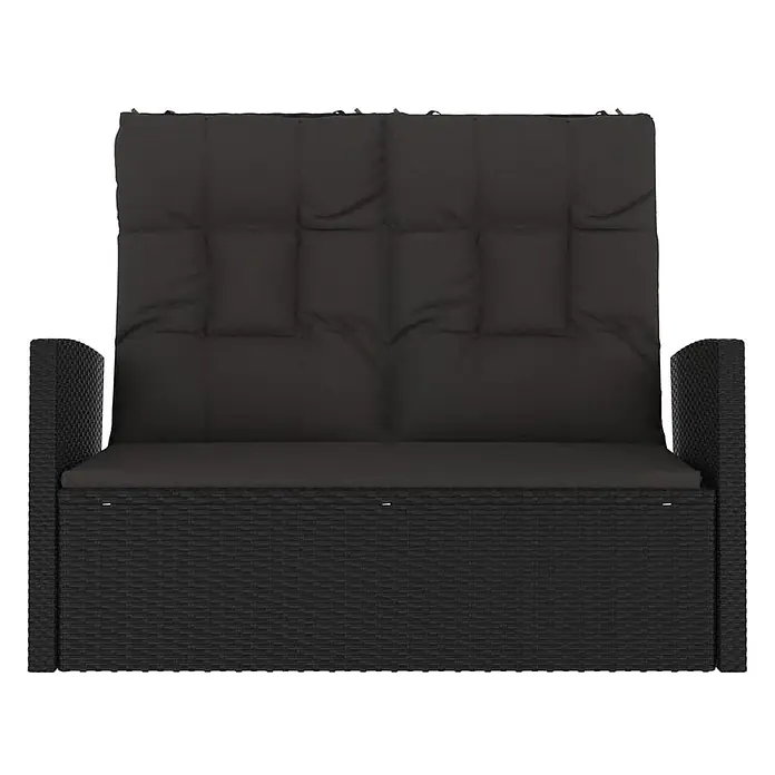 Furnicato Gartenbank PE-Rattan - B x T x H: 91 x 118 x 81 cm, Schwarz - Schwarze Rattan-Gartenbank mit Stauraum und dunkelgrauen Kissen.