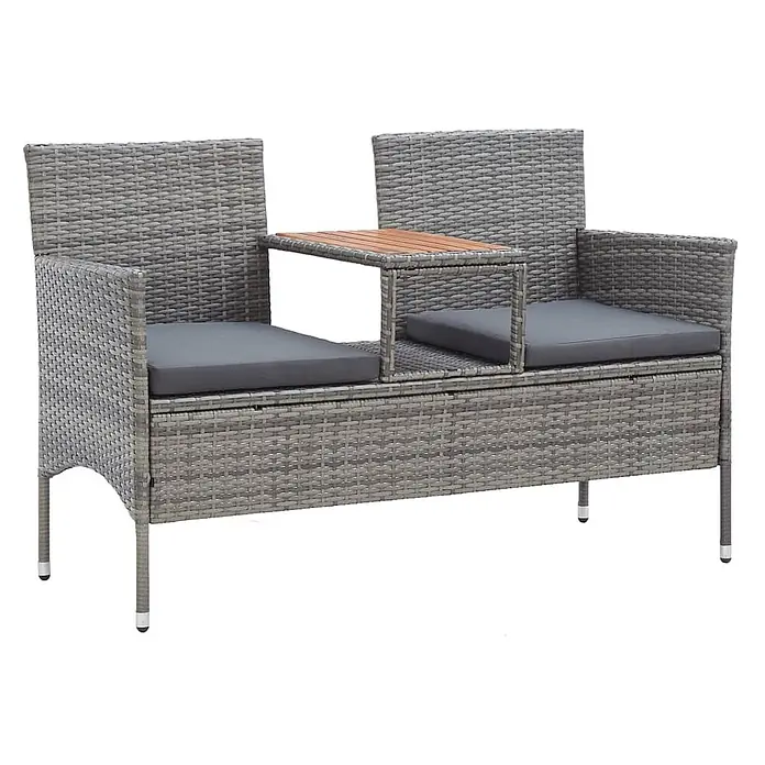 Furnicato Gartenbank PE-Rattan - B x T x H: 143 x 65 x 88 cm, Grau - Grau Rattan Outdoor-Doppelsitzbank mit zwei Sitzen, grauen Kissen, integriertem Holztisch und Stauraum.