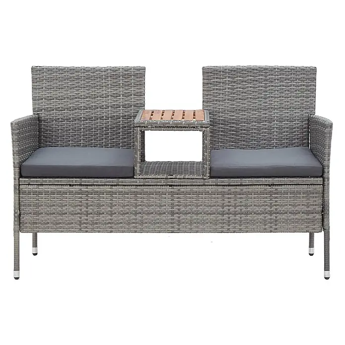 Furnicato Gartenbank PE-Rattan - B x T x H: 143 x 65 x 88 cm, Grau - Graues Polyrattan Zweisitzer-Gartensofa mit integriertem Holztisch und dunkelgrauen Kissen.
