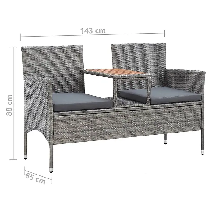 Furnicato Gartenbank PE-Rattan - B x T x H: 143 x 65 x 88 cm, Grau - Graue Rattan-Gartenbank mit zwei Sitzen, integriertem Holztisch und grauen Kissen.