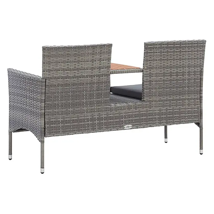 Furnicato Gartenbank PE-Rattan - B x T x H: 143 x 65 x 88 cm, Grau - Graue Rattan-Gartenbank mit zwei Sitzen und einem integrierten Holztisch in der Mitte.