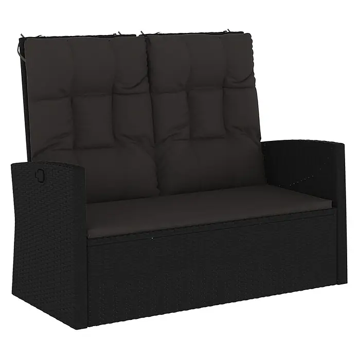 Furnicato Gartenbank PE-Rattan - B x T x H: 91 x 118 x 81 cm, Schwarz - Schwarzes Outdoor-Doppelsitzsofa aus Polyrattan mit dunkelgrauen Kissen.