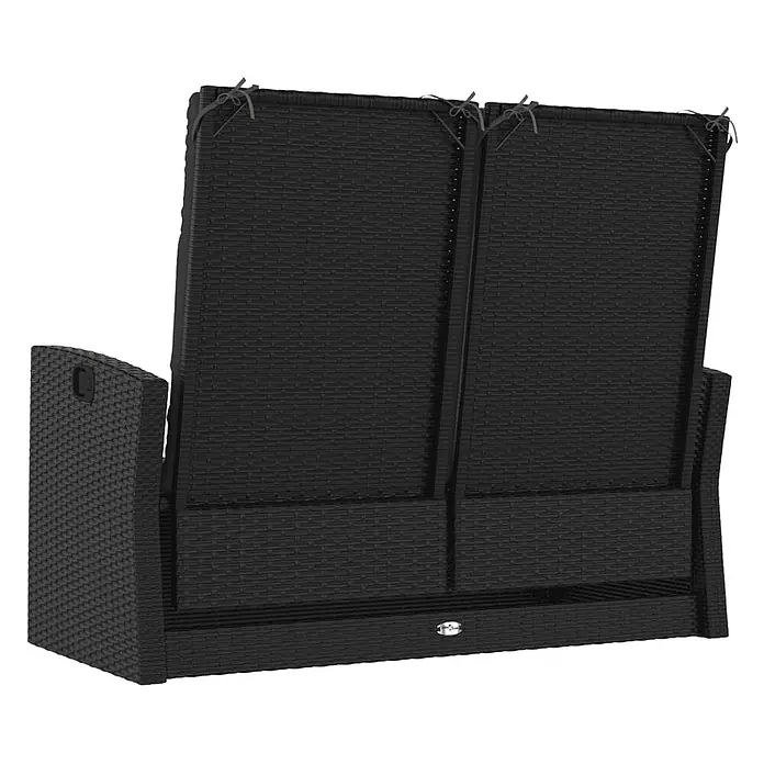 Furnicato Gartenbank PE-Rattan - B x T x H: 91 x 118 x 81 cm, Schwarz - Schwarzes Rattan 2-Sitzer Gartensofa, von hinten gesehen, mit an der Rückenlehne befestigten Kissen.