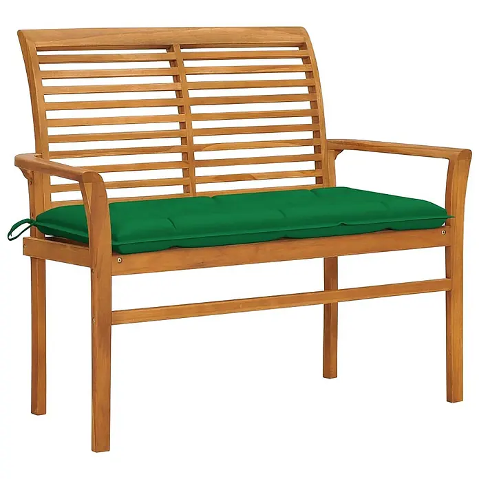 Furnicato Gartenbank Teakholz lackiert - B x T x H: 112 x 55 x 94 cm, Grün - Holze Gartenbank mit grünem Kissen.