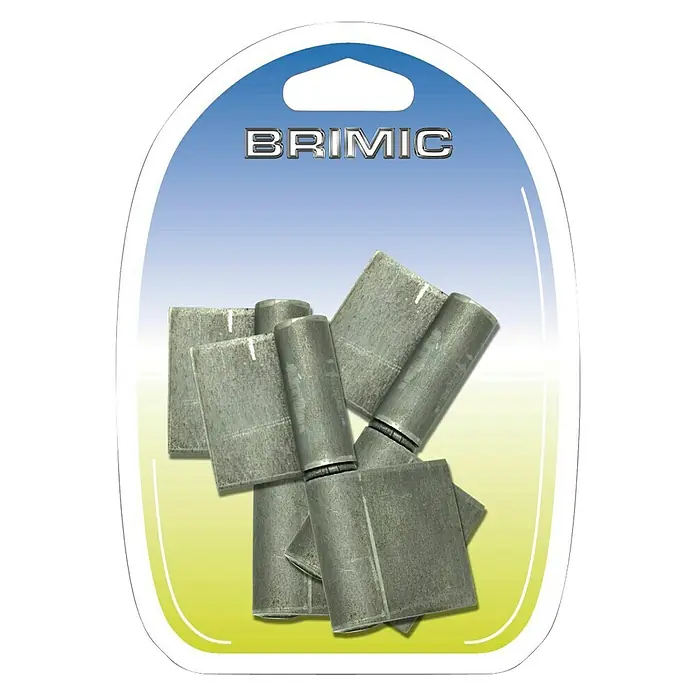 Micel Brimic Pernio bisagra Pala larga - An x Al: 16 x 100 mm, Latón - Un paquete de bisagras de puerta BRIMIC en plata, empaquetado en un paquete de plástico transparente con fondo azul.