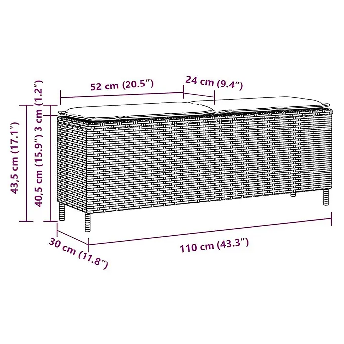 Furnicato Gartenbank PE-Rattan - B x T x H: 110 x 30 x 40,5 cm, Grau und Dunkelgrau - Geflochtene Aufbewahrungsbank mit zwei Kissen und detaillierten Maßen.
