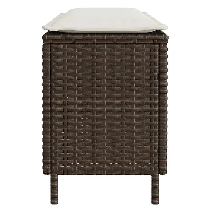 Furnicato Gartenbank PE-Rattan - B x T x H: 110 x 30 x 40,5 cm, Braun und Cremeweiß - Braune Outdoor-Aufbewahrungsbox aus Polyrattan mit weißem Kissen.