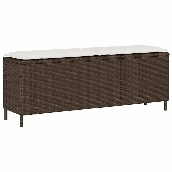 Furnicato Gartenbank PE-Rattan - B x T x H: 110 x 30 x 40,5 cm, Braun und Cremeweiß - Dunkelbraune geflochtene Aufbewahrungsbank mit zwei weißen Kissen.